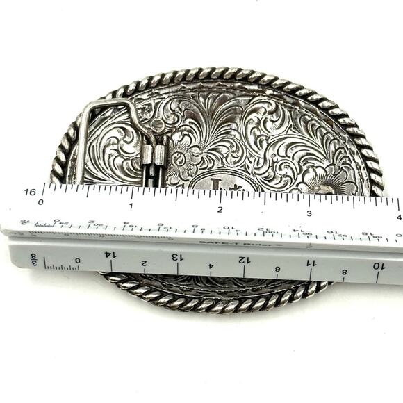 Justin Brand Western Belt Buckle 4'' x 3" Silver Color Floral Rodeo - Picture 3 of 6